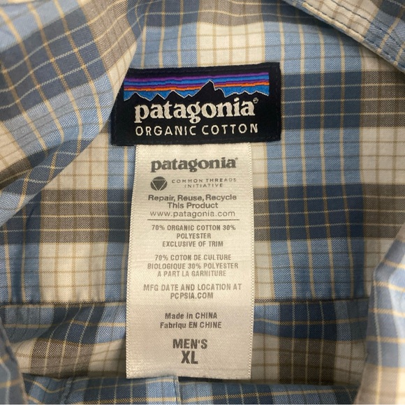 Patagonia Organic Cotton Blend Men’s Short Sleeve Blue Gray Plaid Shirt - Picture 2 of 11